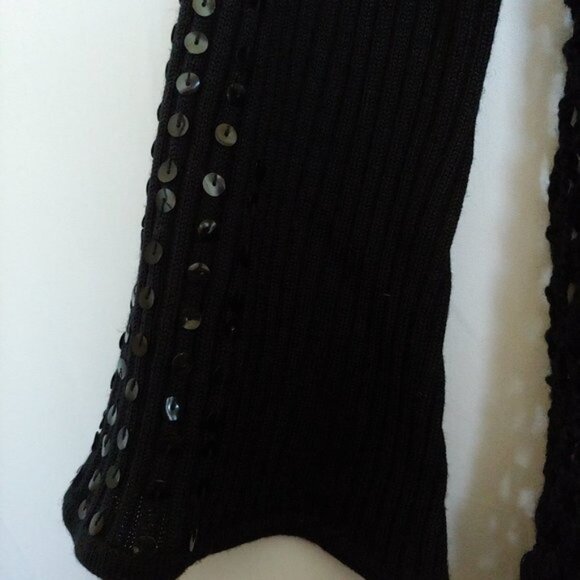 Ruby Cho Black Floral Knitted Faux Fur Sweater Sequin Open Front Romantic XL - Picture 7 of 16